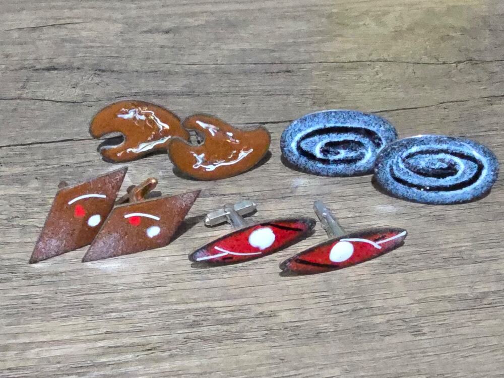Lot 4 Sets Enamel On Copper Abstract Cufflinks 1960's Signed "X" Blue Red Brown